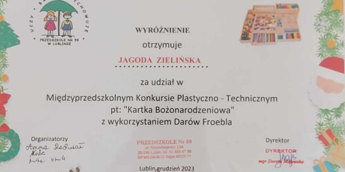 Wyróżnienie dla Jagody Z. za udział w Międzyprzedszkolnym Konkursie Plastyczno-Technicznym 