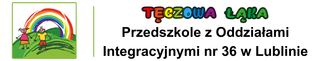 Kolorowy napis Tęczowa Łąka, Przedszkole z Oddziałami Integracyjnymi nr 36 w Lublinie, obrazek dzieci na tle tęczy