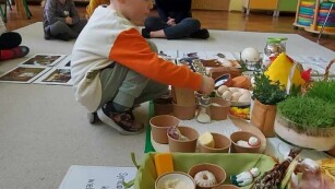 Chłopiec w biało pomarańczowej bluzce dopasowuje naturalny barwnik do jajek do koloru płynu w słoiku